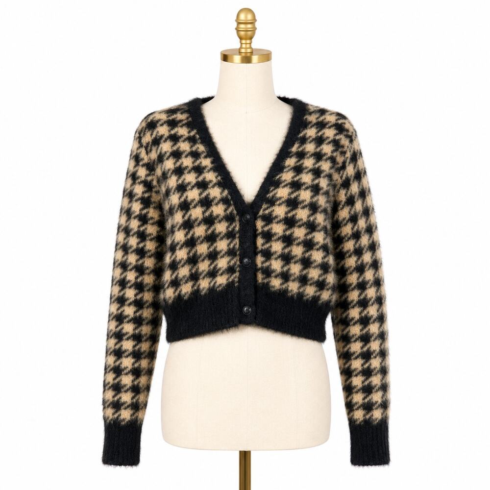 Elie Tahari Houndstooth Fuzzy Eyelash Cropped Cardigan Small NWT $198